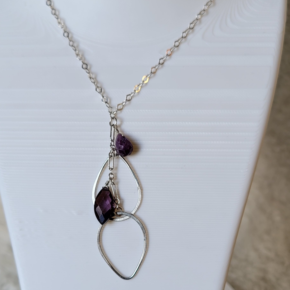 ITALY Sterling Silver Necklace Drop Pendant with Gemstones Amethyst 16.5"